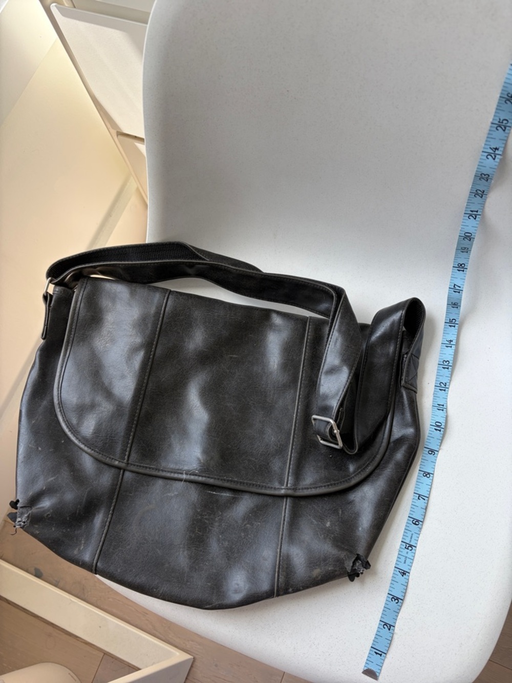Black Faux Leather Messenger Bag - Classic Crossbody BOHO distressed